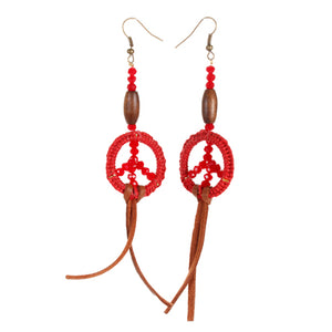 Aretes Cuenta Madera Y Rondel En Rojo