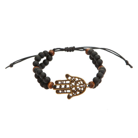 Pulsera Doble Con Cuenta Caucho Y Dije Mano De La Suerte