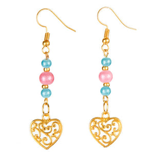 Aretes De Perlas Azul/Rosa Con Dije Corazón
