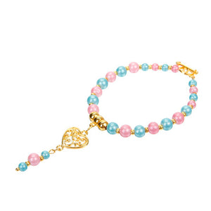 Pulsera De Perlas Azul/Rosa Y Dije Corazón 2 Argollas