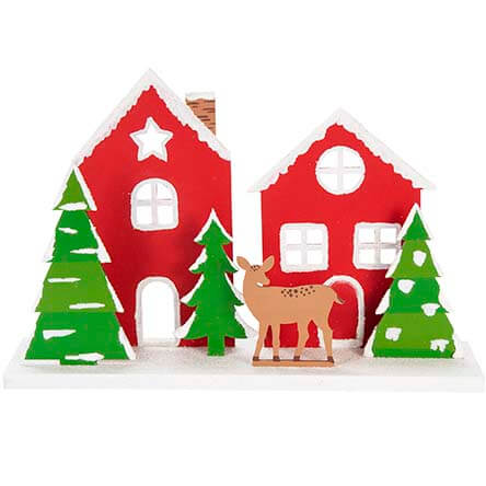 Casitas Rojas Con Nieve Y Reno