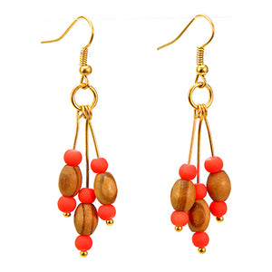 Aretes Oro Con Cuentas De Madera Y Caucho