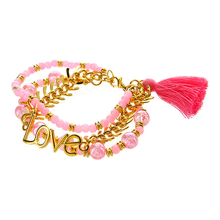Juego De Pulsera Oro-Rosa Con Borla Y Dije Love