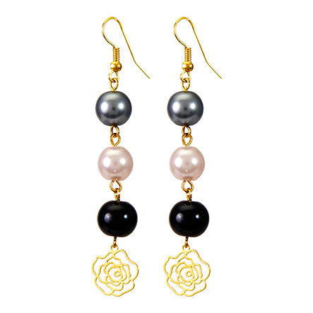 Aretes De Perlas Rosa-Gris-Negro Con Dije De Flor