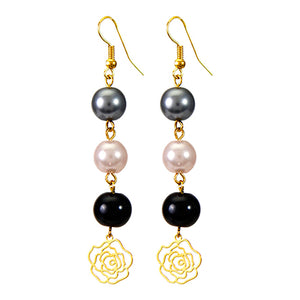 Aretes De Perlas Rosa-Gris-Negro Con Dije De Flor