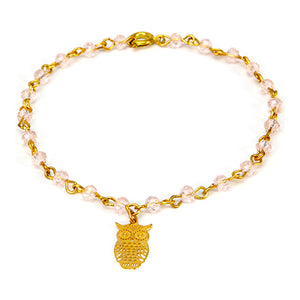 Pulsera De Engarces Oro Con Rondeles Rosa Y Dije Búho