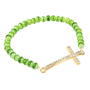 Pulsera De Cuenta Redonda Semi Preciosa Jade Con Cruz Curva De Cristales
