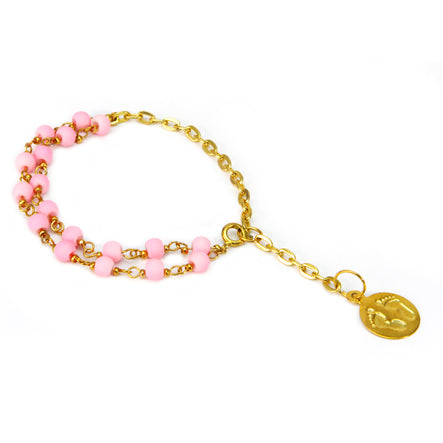 Pulsera Rosa-Oro Con Cadena Y Dije De Piesitos