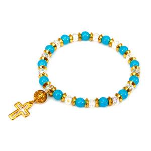 Pulsera De Perlas Turquesa Con Filigrana Y Cruz