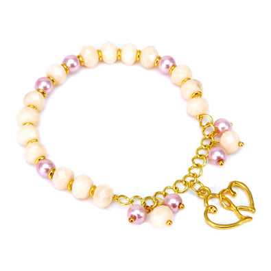 Fantasías Miguel Clave:LC1338 Pulsera Oro Marfil-Rosa Con Dije Contorno Corazones