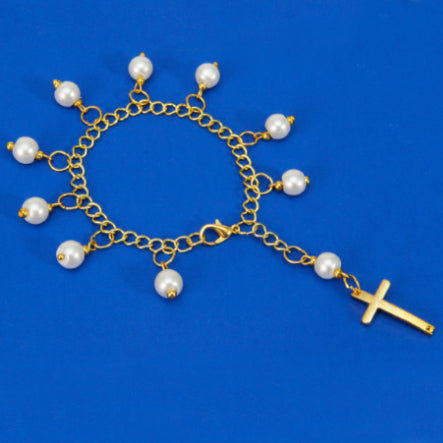 Pulsera Decenario Oro Con Perlas Y Cruz