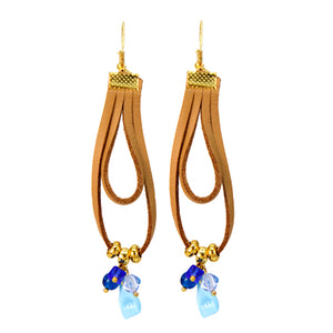 Aretes Imitación Piel Café Con Cristales Azul