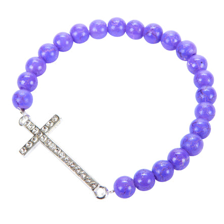 Pulsera Morado Con Cruz Curva De Cristales