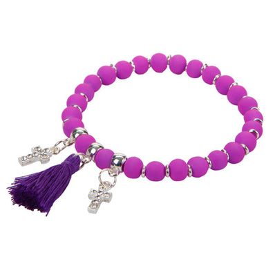 Fantasías Miguel Clave:LC1465 Pulsera Morado-Plata Con Cruces De Cristales Y Borla