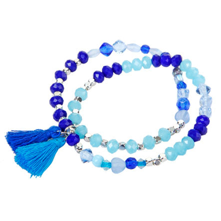 Pulsera Doble Azul-Turquesa Con Borlas