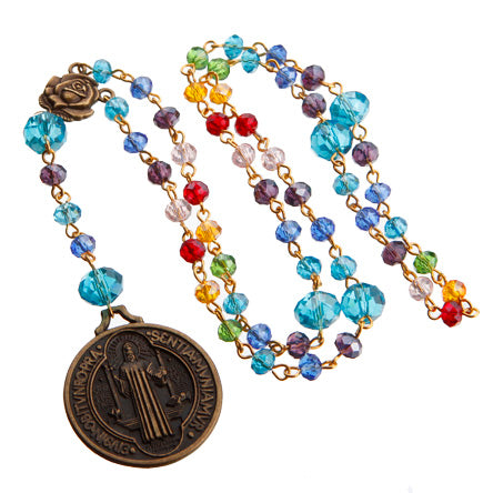 Rosario De Engarces Con Rondeles Multicolor Y Medalla Oro Antiguo
