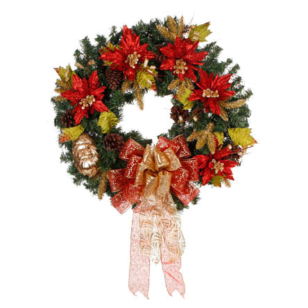 Corona De Pino Con Listón Organza Fuegos Y Nochebuena Roja