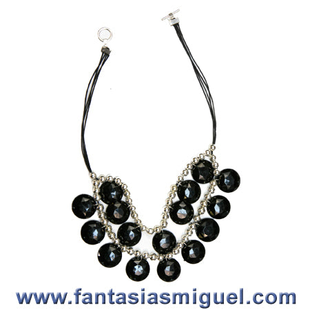 Collar Cuenta Metal – Cuenta Redonda Negra Con Cordón Encerado