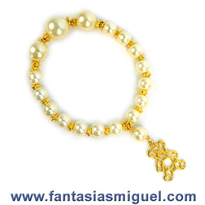 Pulsera Cta. Perlas Con Dije De Oso, Marfil