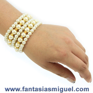Juego De Pulseras Cta. Perla Base Cristal, Marfil Oro