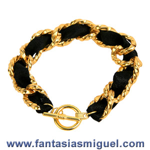 Pulsera Cadena Oro Con Listón Negro