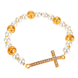 Pulsera De Perlas Blancas Con Bolas De Filigrana Oro Y Cruz