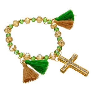Pulsera De Rondeles Esmeralda/Miel Con Borlas Y Cruz