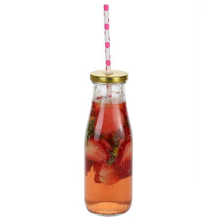 Botella Con Popote Rosa De Puntos