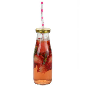 Botella Con Popote Rosa De Puntos