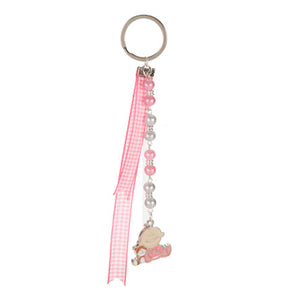 Llavero Rosa Con Listón, Perlas Y Dije De Bebé