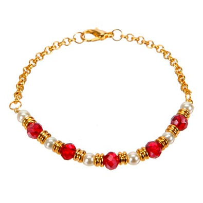Fantasías Miguel Clave:SI18 Pulsera De Perlas Y Rondeles Rojos Con Cadena Oro