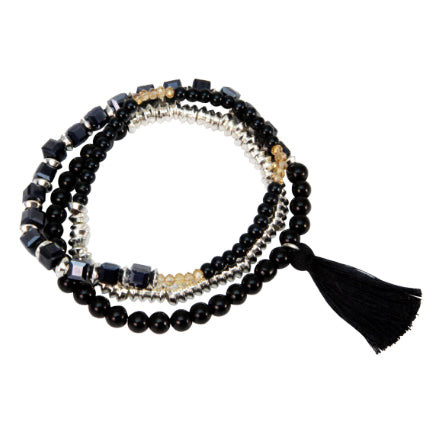 Pulsera Negro-Plata Con Borla