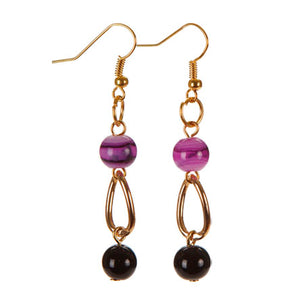 Aretes De Cadena Con Cuentas Rendondo Amatista Y Perlas Crista Negro