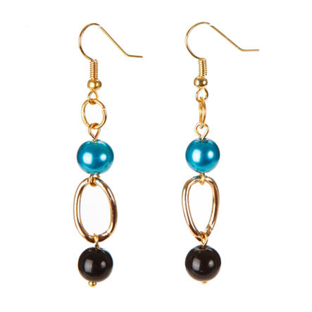 Aretes De Cadena Y Perlas Cristal Negro-Tuquesa
