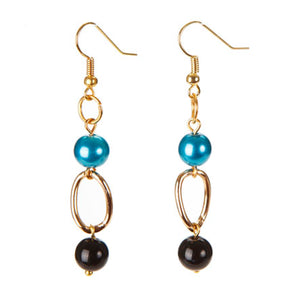 Aretes De Cadena Y Perlas Cristal Negro-Tuquesa