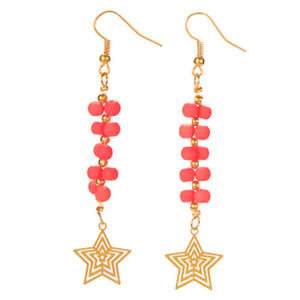 Aretes Largos Con Cuentas Caucho Naranja Y Dije Estrella