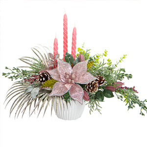 Arreglo Con Velas Y Nochebuena Rosa