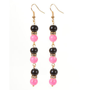 Aretes Largos Rosa-Negro Y Rondel De Cristales