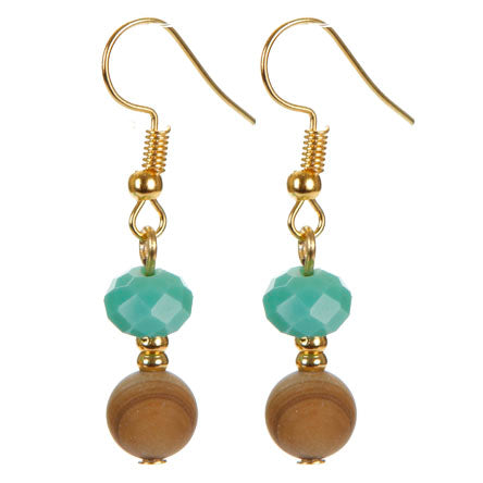 Aretes Dorados Con Rondel Jade Y Cuenta De Madera