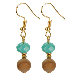 Aretes Dorados Con Rondel Jade Y Cuenta De Madera