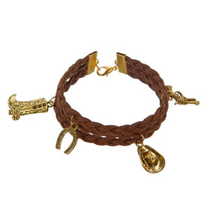 Pulsera Tejida Con Dijes Vaquero Dorados