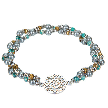 Pulsera Doble De Perlas Y Cristales Con Dije Mandala