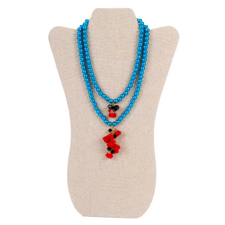 Collar Doble De Perlas Azules Con Rosas De Tela Rojas