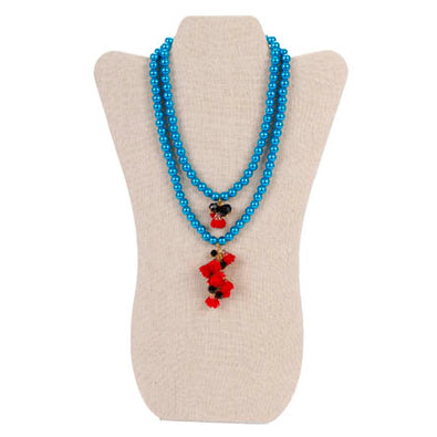 Fantasías Miguel Clave:ZT117 Collar Doble De Perlas Azules Con Rosas De Tela Rojas