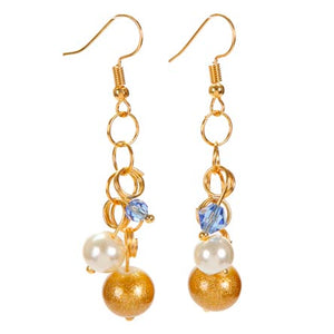 Aretes Oro Con Perlas Y Cristal Azul