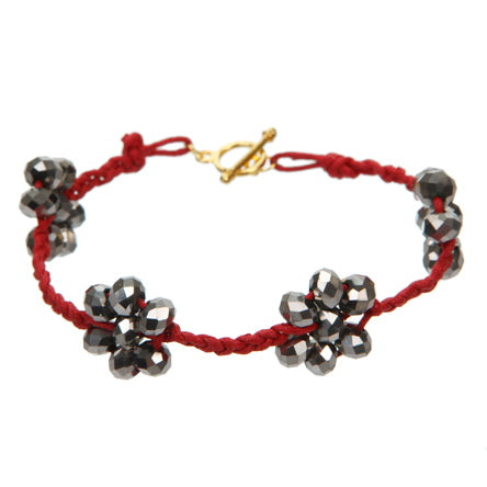 Pulsera Tejida De Cordón Rojo Con Flores De Rondeles
