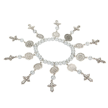 Pulsera De Perlas Con Mandalas Plata Y Cruces