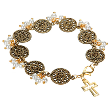 Pulsera De Dijes Mandala Con Cruz Y Engarces De Perlas