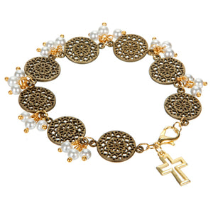 Pulsera De Dijes Mandala Con Cruz Y Engarces De Perlas