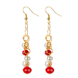Aretes Largo Con Perlas Y Rondeles Rojo